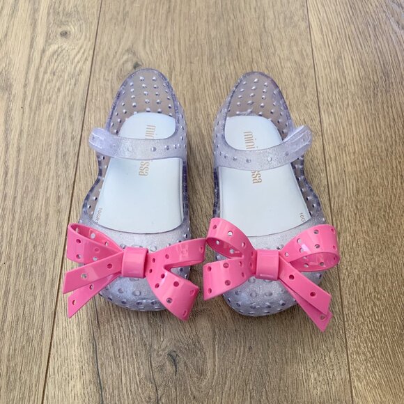 Mini Melissa Ultragirl Flats • Clear / Silver with Pink Bows • Infant Size 5 - Picture 1 of 7